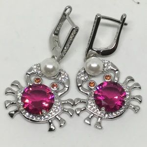 Raspberry Tourmaline Silver Crab/Cancer Earrings